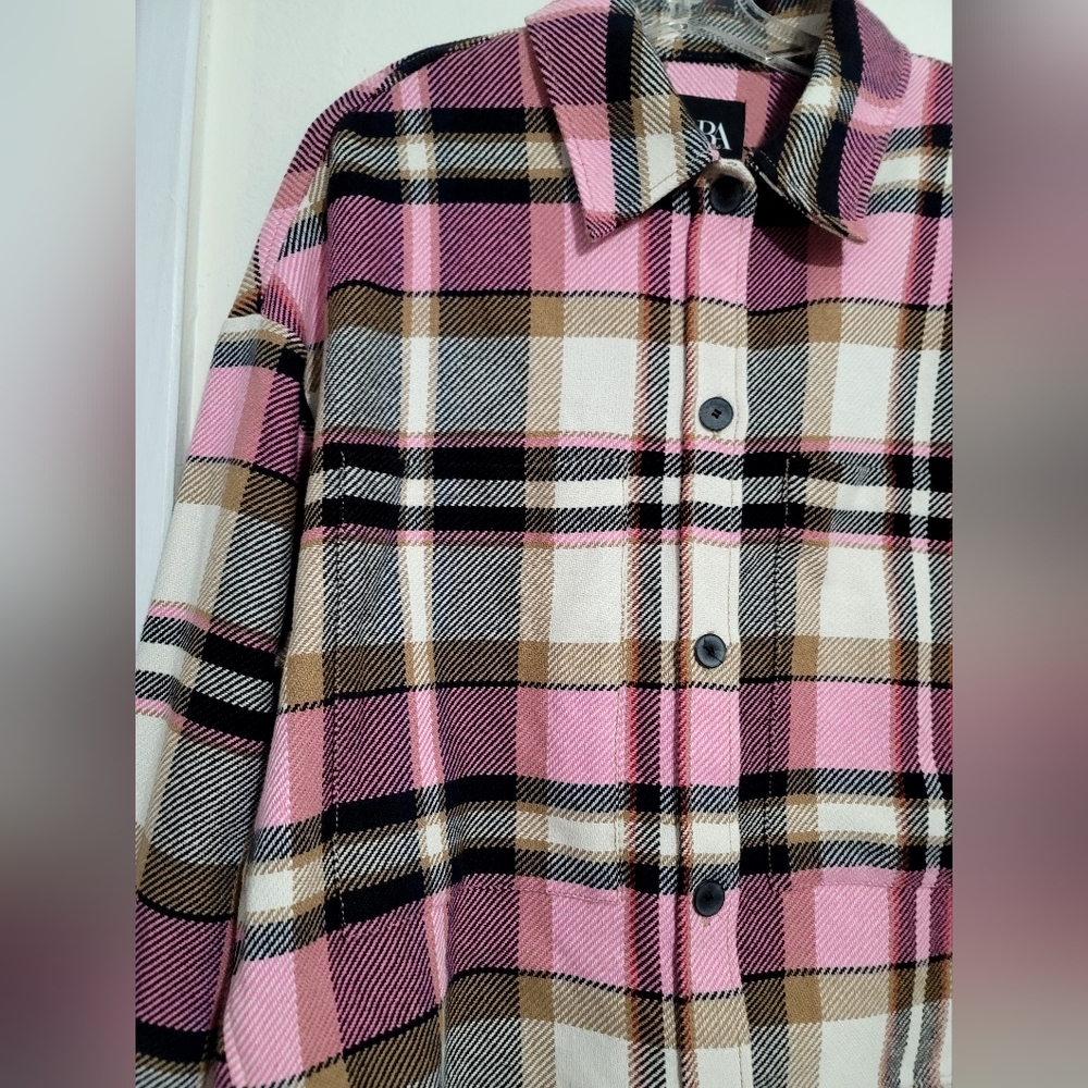 Zara Shacket Womens Size Small Pink Plaid Check Overshirt Oversized Long Sleeve - Picture 8 of 16